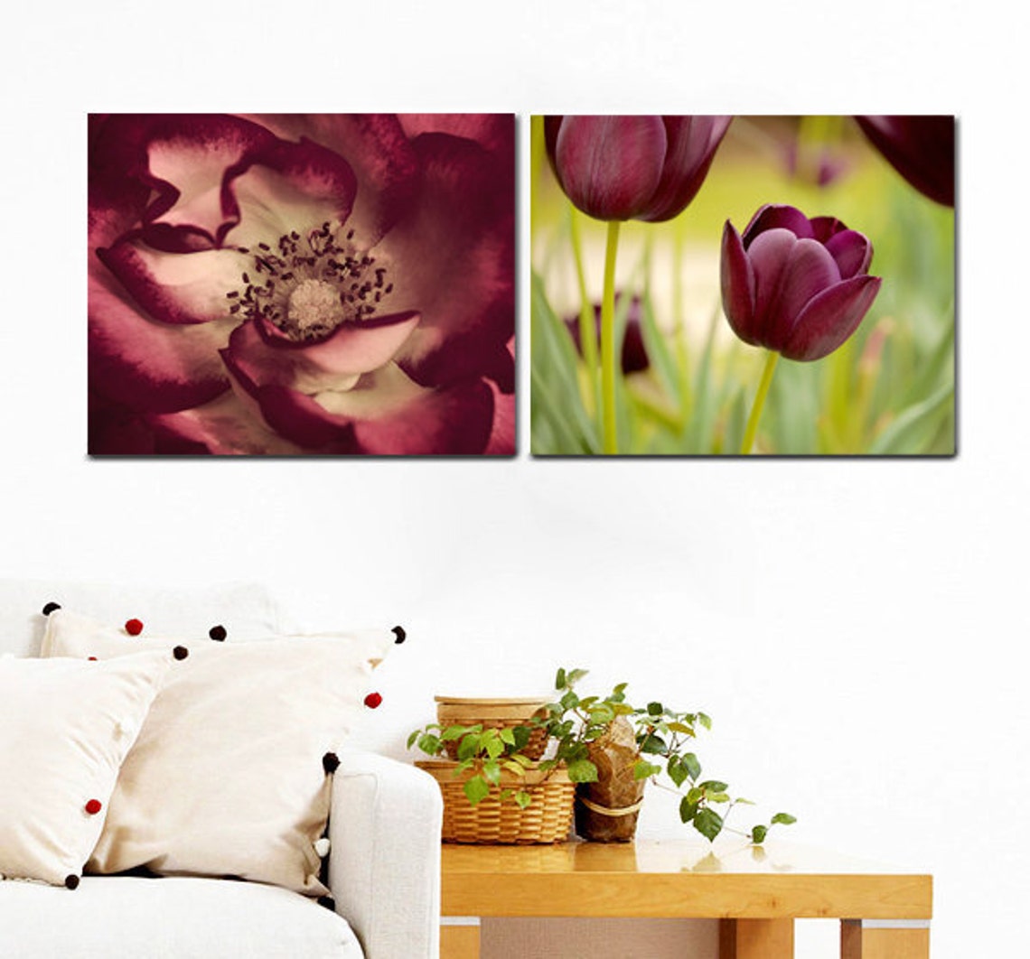 Floral Canvas Wall Art Set, Burgundy Artwork Wall Decor Flower ...