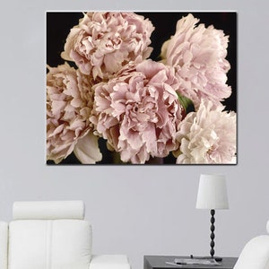 Shabby chic canvas or print floral wall decor, pale pink peony flower dark artwork, oversized extra large wall art, cottage bedroom decor image 2