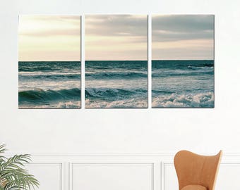 3 panel canvas art, tryptich art, 3 panel wall art,ocean canvas split, oversized wall art beach house decor tryptic art, teal nautical decor