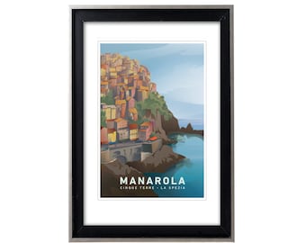 Cinque Terre Manarola Original Travel Poster, Vintage-Style Poster of Italy, Italian Riviera Coastline, Ligurian Sea