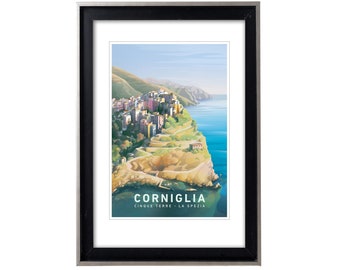 Cinque Terre Corniglia Original Travel Poster, Vintage-Style Poster of Italy, Italian Riviera Coastline, Ligurian Sea