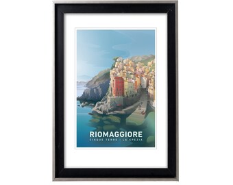 Cinque Terre Riomaggiore Original Travel Poster, Vintage-Style Poster of Italy, Italian Riviera Coastline, Ligurian Sea