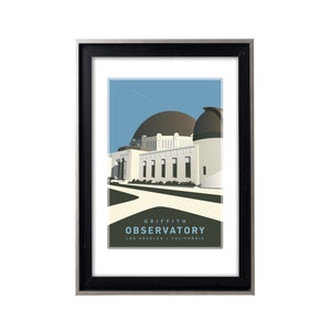 May include: A framed illustration of the Griffith Observatory in Los Angeles, California. The observatory is depicted in a minimalist style with a white building and a dark gray dome against a light blue sky.