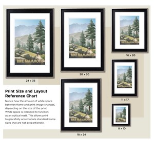 May include: A chart showing different sizes of framed prints of a mountain landscape with the text "Bike Mammoth" on each print. The chart shows the dimensions of each print in inches.