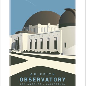 May include: A vintage-style illustration of the Griffith Observatory in Los Angeles, California. The building is depicted in a light gray color with a large dome on top. The sky is a light blue color with a white plane trail.