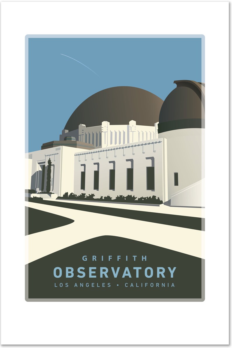 May include: A vintage-style illustration of the Griffith Observatory in Los Angeles, California. The building is depicted in a light gray color with a large dome on top. The sky is a light blue color with a white plane trail.