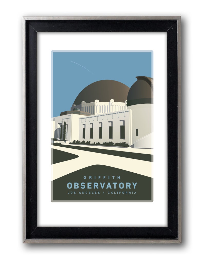 May include: A vintage-style illustration of the Griffith Observatory in Los Angeles, California. The observatory is depicted in a light gray color with a brown dome and a blue sky in the background. The text "GRIFFITH OBSERVATORY" is written in black below the image, with "LOS ANGELES - CALIFORNIA" in smaller text below that.