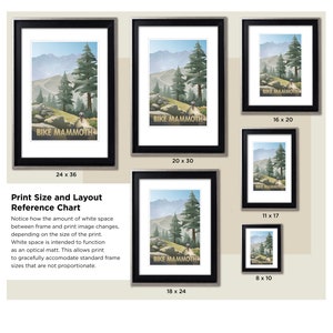May include: A chart showing different sizes of framed prints of a mountain landscape with the text "Bike Mammoth" on each print. The chart shows the dimensions of each print in inches.