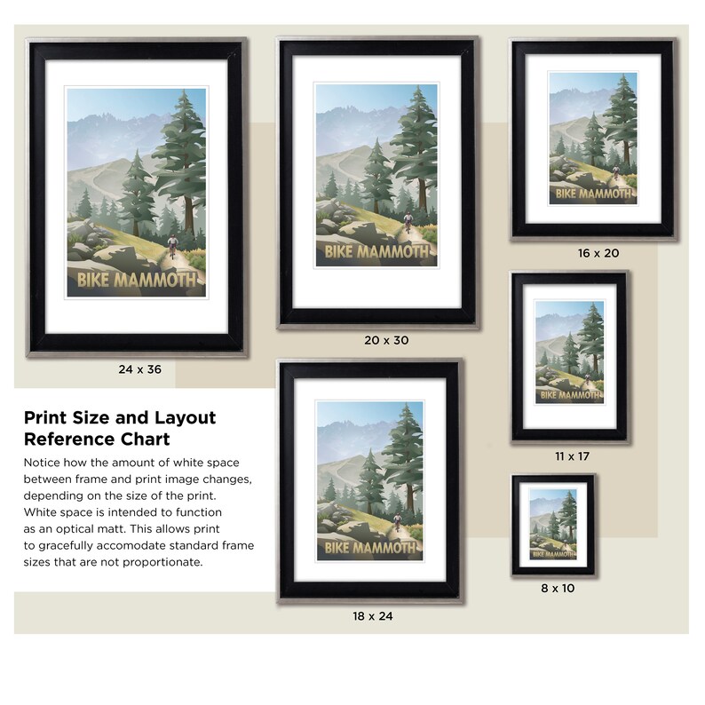May include: A chart showing different sizes of framed prints of a mountain landscape with the text "Bike Mammoth" on each print. The chart shows the dimensions of each print in inches.