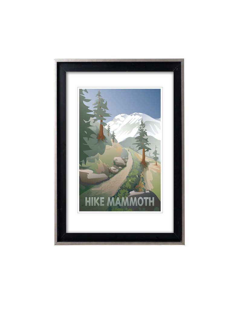 May include: A framed illustration of a mountain landscape with a dirt path leading up to a snow-capped mountain peak. The text "HIKE MAMMOTHE" is printed at the bottom of the image.