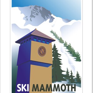 May include: A vintage-style poster with a blue and gold clock tower, snow-capped mountains, and a winding ski run. The text "SKI MAMOTH" is printed in black at the bottom of the poster.