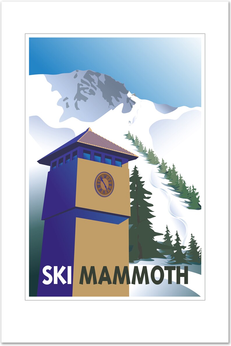 May include: A vintage-style poster with a blue and gold clock tower, snow-capped mountains, and a winding ski run. The text "SKI MAMOTH" is printed in black at the bottom of the poster.