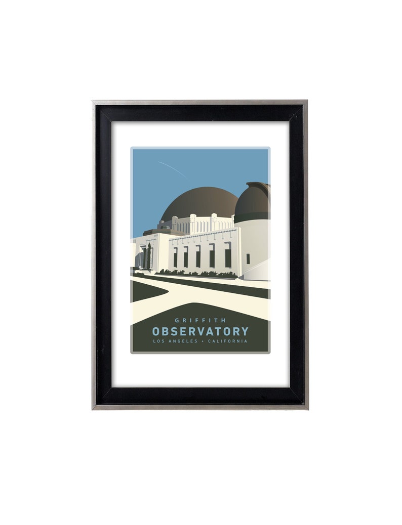 May include: A framed illustration of the Griffith Observatory in Los Angeles, California. The observatory is depicted in a minimalist style with a white building and a dark gray dome against a light blue sky.