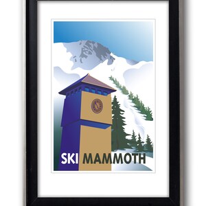 May include: A vintage-style illustration of a ski resort with a clock tower, snow-capped mountains, and pine trees. The text "SKI MAMOTH" is printed below the tower.