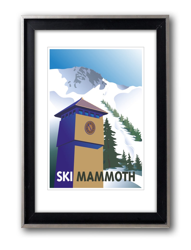 May include: A vintage-style illustration of a ski resort with a clock tower, snow-capped mountains, and pine trees. The text "SKI MAMOTH" is printed below the tower.