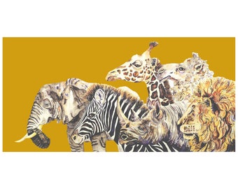 May include: A watercolor painting of a group of African animals, including an elephant, zebra, rhinoceros, giraffe, lion, and sheep. The animals are painted in a realistic style with detailed features and textures. The background is a solid yellow color.
