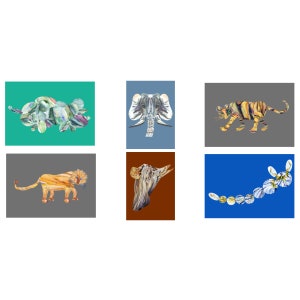 Puede incluir: Un collage de seis imágenes con diferentes animales. La fila superior muestra un fondo verde con un elefante azul y verde, un fondo azul con un elefante gris y un fondo gris con un tigre amarillo y naranja. La fila inferior muestra un fondo gris con un león marrón, un fondo marrón con un pájaro marrón y un fondo azul con una mariposa blanca y amarilla.