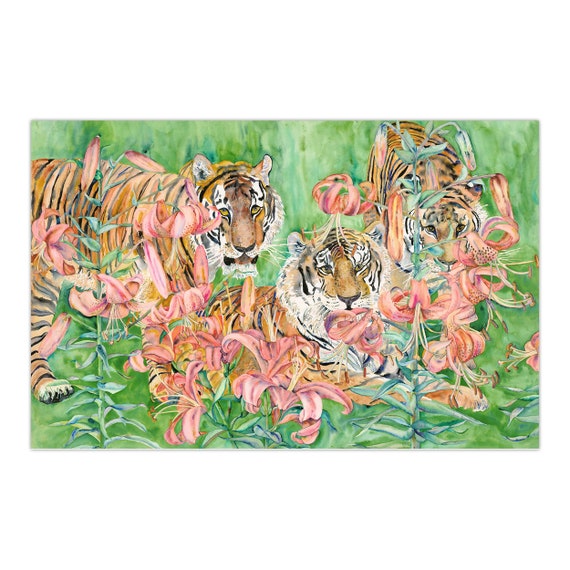 Tigers in Tiger Lilies - Reproduction of ferocious watercolor tigers,  looking more docile