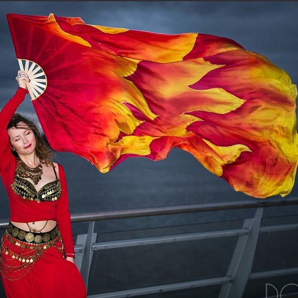 Fire large fan veil. Hand painted silk dance accessories made to order.
