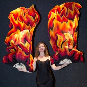 Fire fan veils.  One pair of hand painted silk fan veils for bellydancer. Dance accessories.