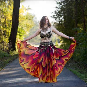 Fire flames hand painted silk skirt. Belly dance costume, made to order.