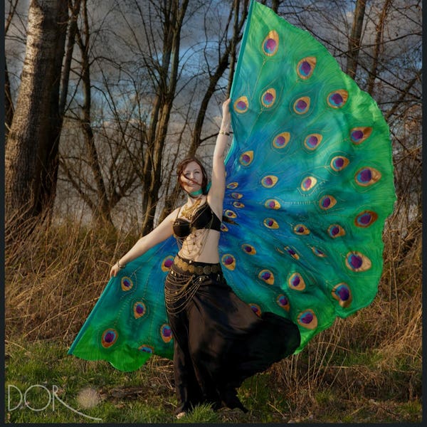 Peacock hand painted silk dance wings