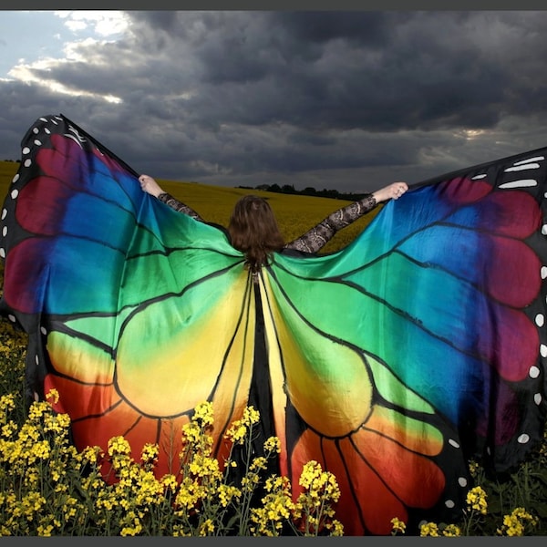 Hand Painted Silk Isis Wings, Rainbow Monarch Butterfly Design