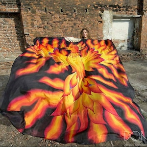 Extra large fan veil with Phoenix bird and fiery flames pattern. Or with your pattern. Hand painted silk dance accessories made to order.