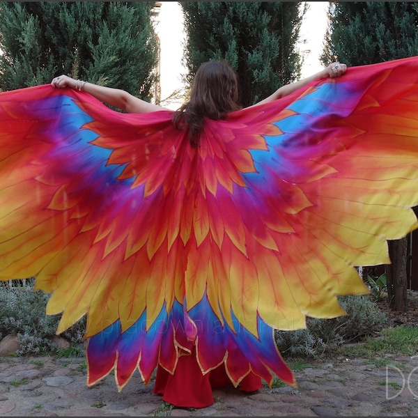 Phoenix bird wings. Hand painted silk dance wings. Costume for stage, perfomer, carnival, burlesque.