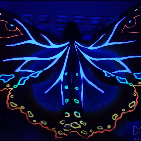 Ultraviolet Mothra wings. Hand-painted silk wings glowing in UV light. Dance wings costume made to order