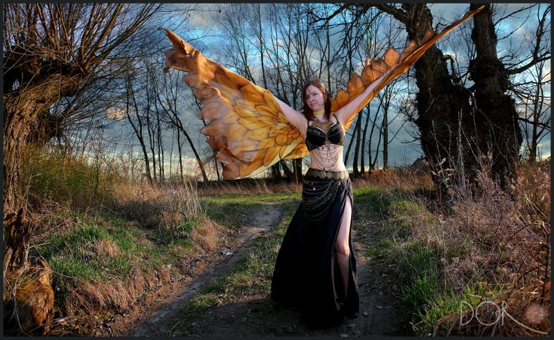 Gold bird wings. Unique hand painted silk feathers belly dance wings made to order. image 2