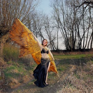 Gold bird wings. Unique hand painted silk feathers belly dance wings made to order. image 4