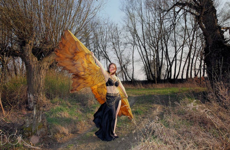 Gold bird wings. Unique hand painted silk feathers belly dance wings made to order. image 4