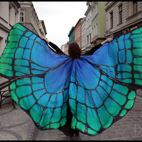 Silk Isis wings. Hand painted blue, turqouise, green wings made to order. Professional unique handmade belly dance wings in your colors