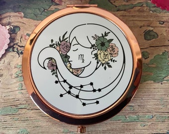 FLOWER ZODIAC MIRROR Compact | Personalized Pocket Mirror | Horoscope| Astrology | Zodiac Sign | Gift | Birthday | Birth Chart |