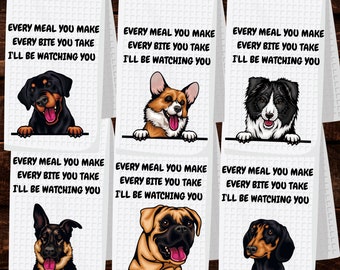 I'll Be Watching You Peeking Dog Kitchen Towel, Over 60 Dog Designs, Cute Peeking Dog, Microfiber Dish Towel, Waffle Weave Kitchen Towel