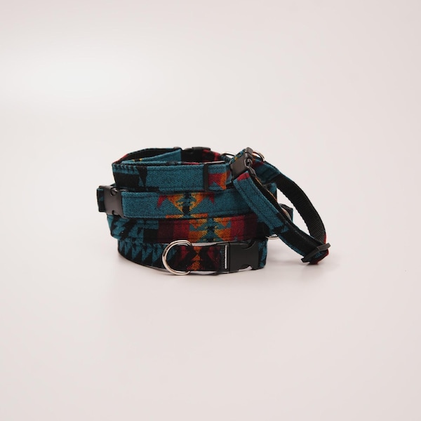 Wollen hondenhalsband | Blauw-oranje hondenhalsband gemaakt van Pendleton-wol | ZONSONDERGANG ASTORIA