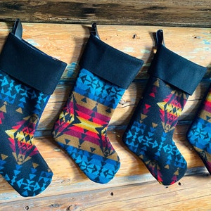 Dark Blue Southwest Christmas Stocking made from Pendleton Wool