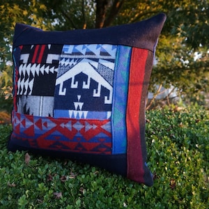 Blue and Red Wool Pillow | Tribal Print Bedding made from Pendleton Wool