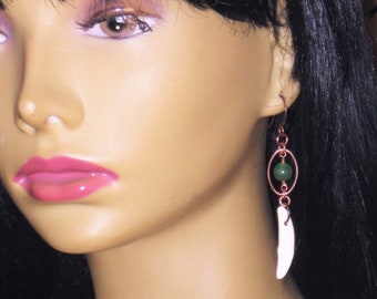 Coyote Fang Earrings with Green Aventurine Stones / Real Animal Tooth Earrings / Primitive Animal Bone Earrings
