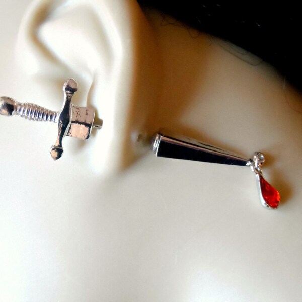 Silver Dagger Earring with Red crystal Drop Briolette - Gothic Earrings / Sword Earrings / Hip Trendy Earrings