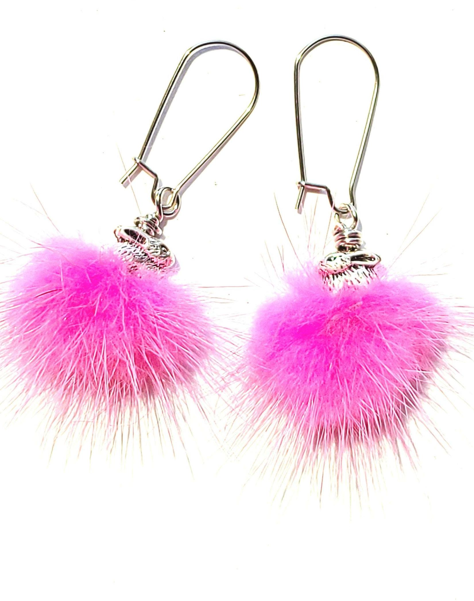 Mini Hot Pink Fuzzy Pom Pom Stud Earrings - Surgical Steel Posts (S185) - View #10