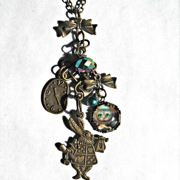 Alice in Wonderland Necklace with Cheshire Cat, White Rabbit, Key & Bow Tie Charms with Teal Pearl / Steampunk Necklace