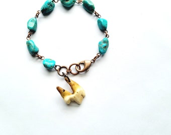 Wolf Tooth Bracelet with Turquoise Nuggets / Real Animal Bone Bracelet  / Primitive Bracelet