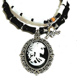 Halloween Bracelet Set / Sugar Skull Cabochon w/ Black Bones Bracelet / White Mother of Pearl Bone Shaped Bracelet  / Gothic Bracelet