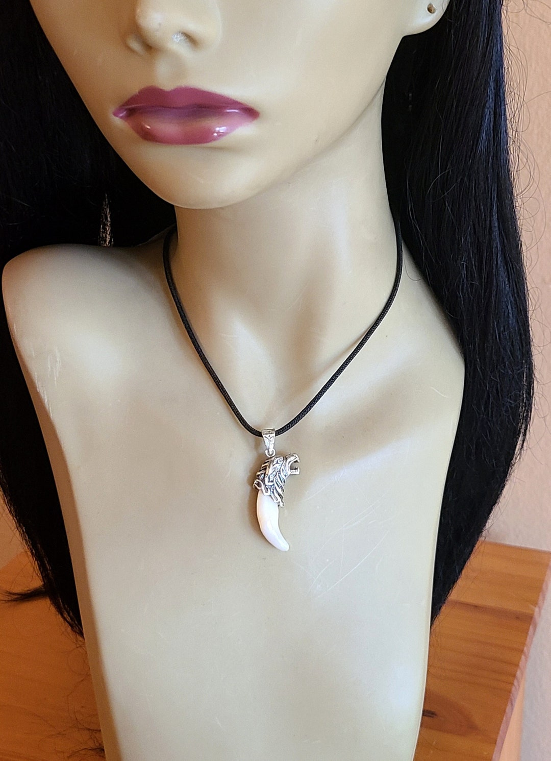 Silver Wolf Fang Necklace With Real Coyote Fang Pendant on Black Cotton