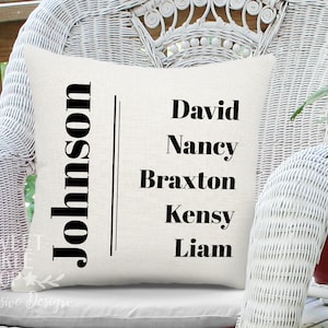 Personalized Family Names Pillow Cover, Customized Just For You with Your Last Name and Up to 8 First Names, 4 Fabric Choices, 18&quot; Square