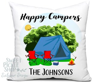 Personalized Happy Campers Camping Themed Pillow with Cute Tent Camping Graphic and 1 Line of Custom Text, 18" Square