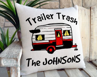 Personalized Trailer Trash Travel Trailer Decor, Vintage Trailer with Last Name, Personalized RV Pillow and Gift, Cream Color Cotton Canvas