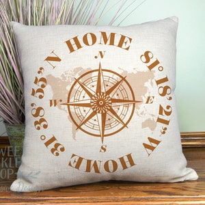Personalized Nautical GPS Compass Pillow Cover, Latitude and Longitude Coordinates Customized Just for You, 18&quot; Square